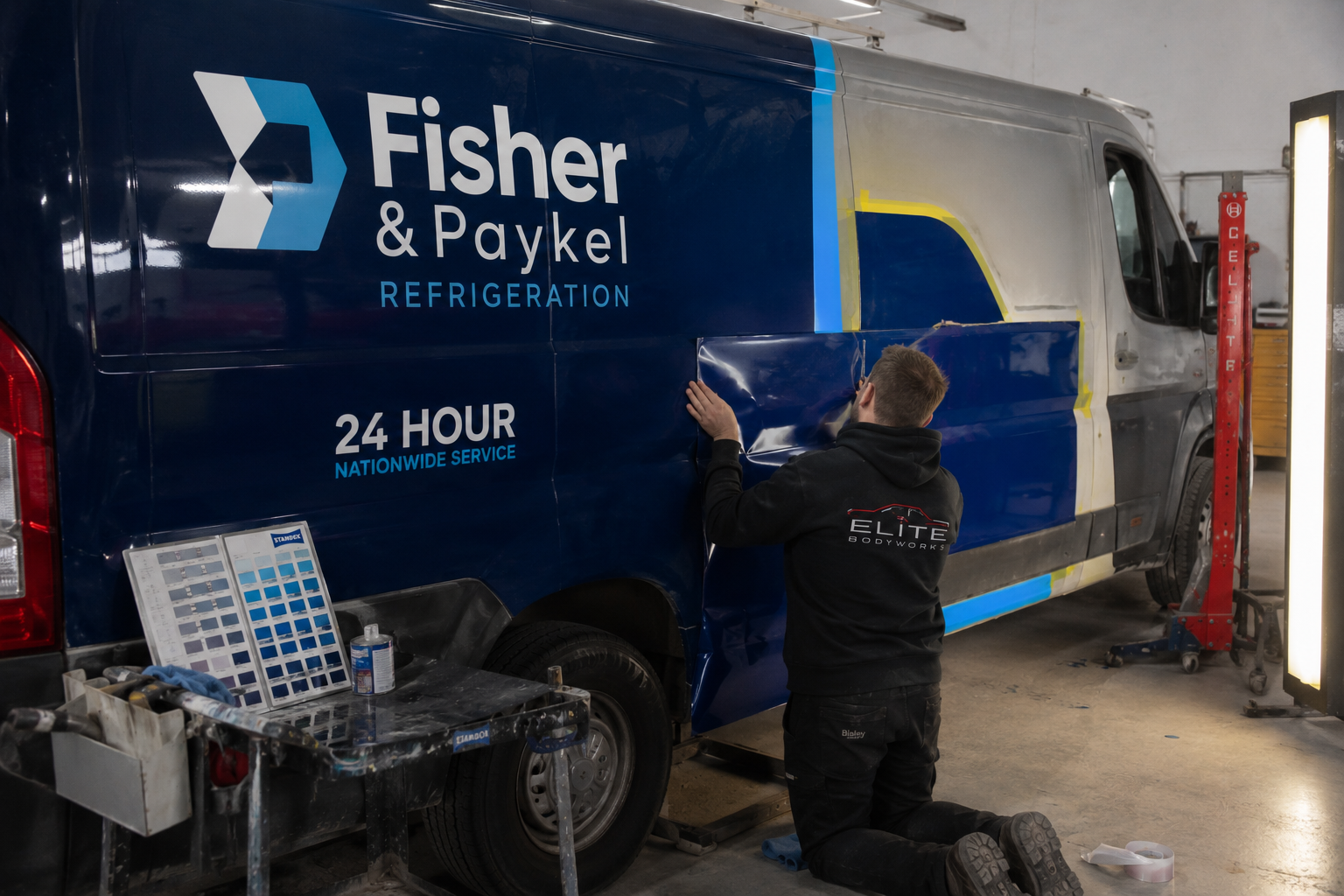 Van being worked on in workshop