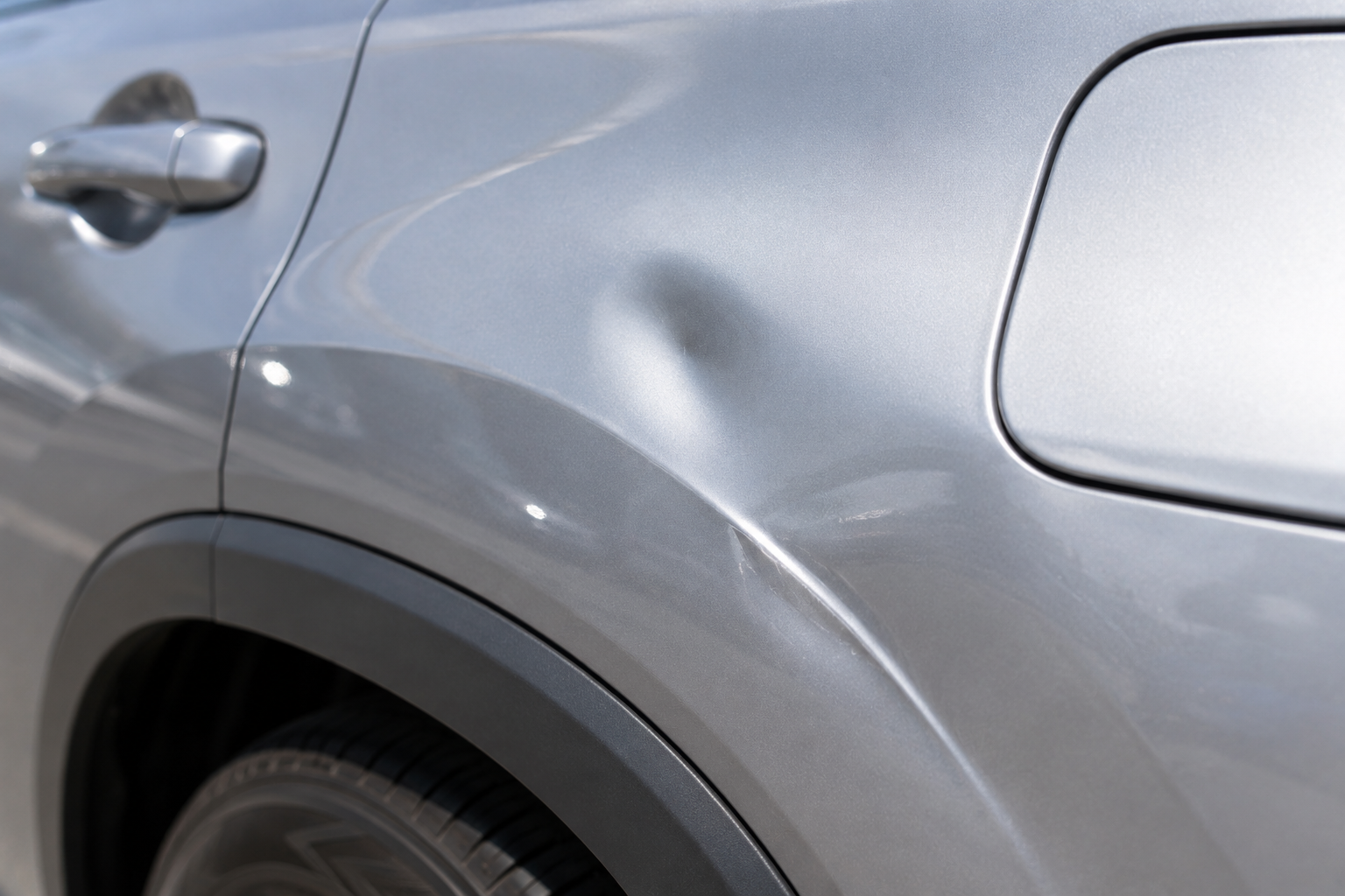 Damaged silver car panel close-up