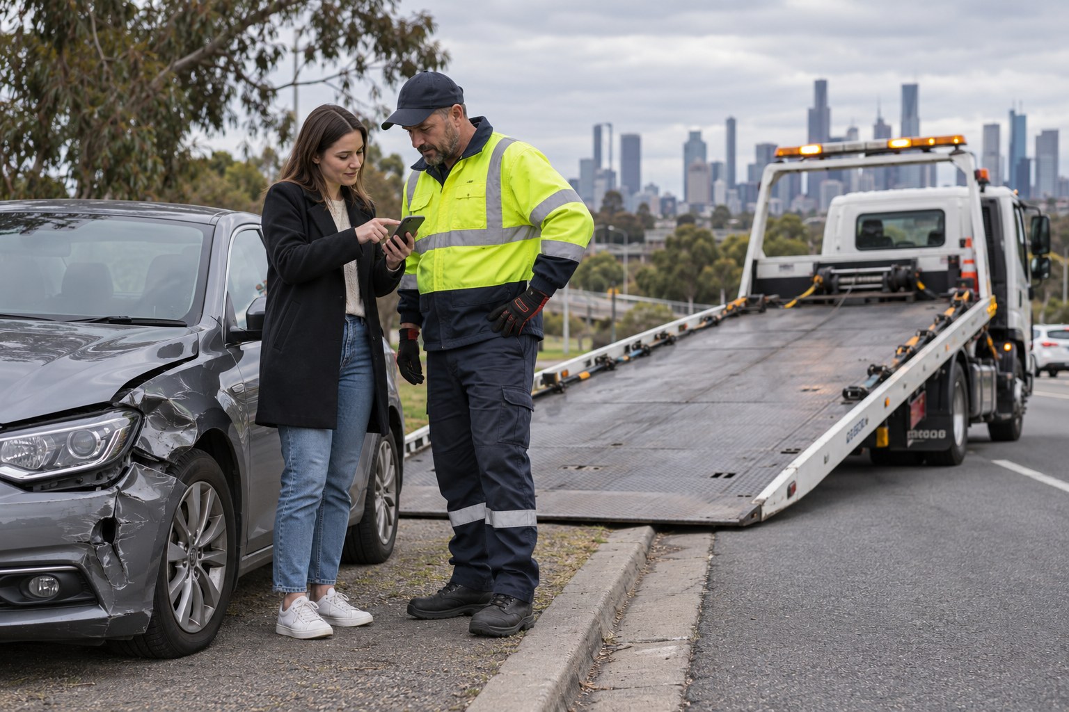 Car owner showing a chosen repair destination to a tow operator beside a damaged sedan.