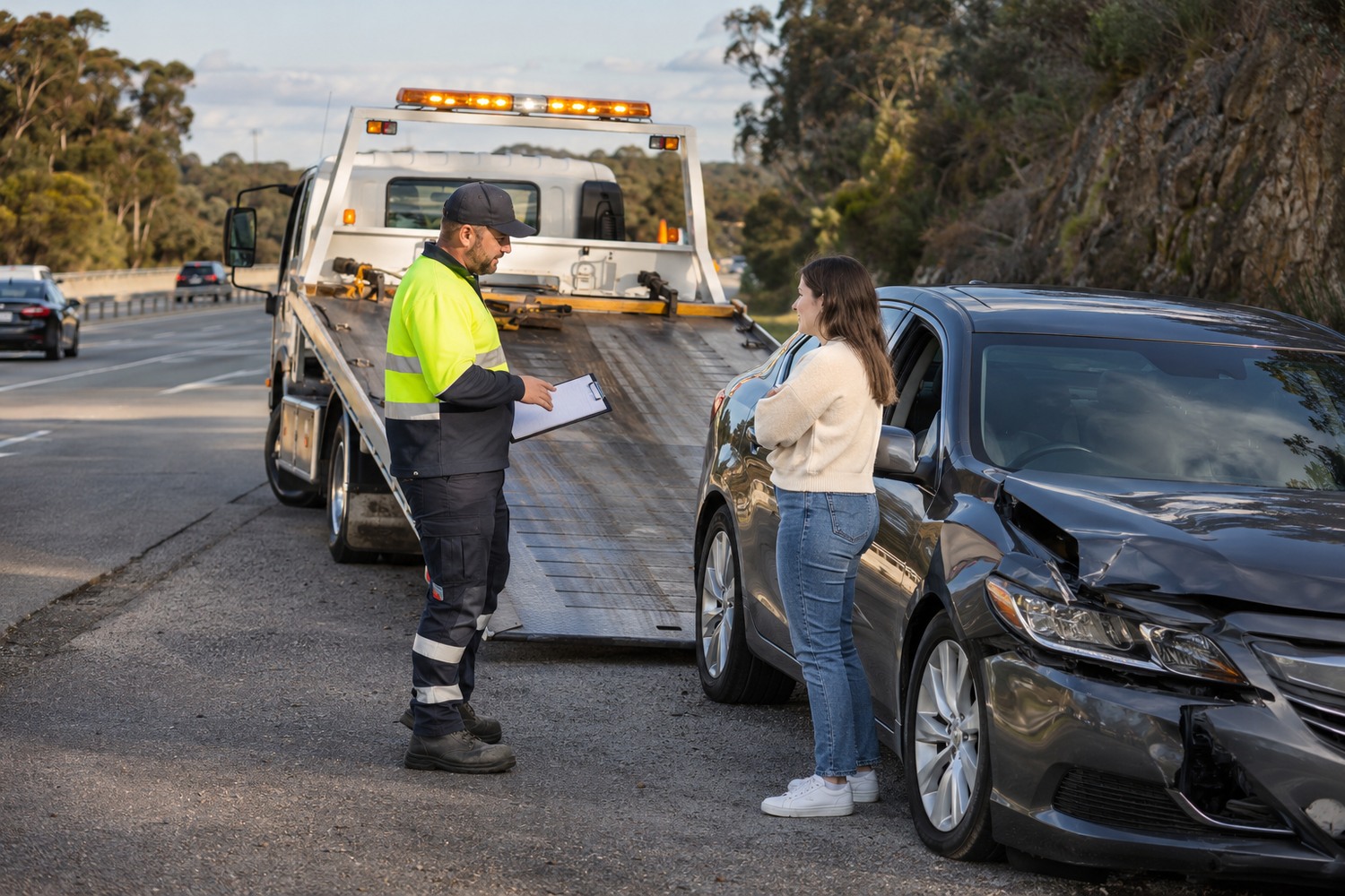 Accident tow truck arriving for a damaged car at a Melbourne roadside.