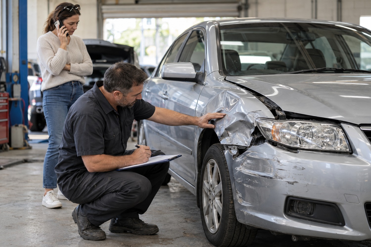 Panel beater preparing a quote while the car owner calls the insurer.