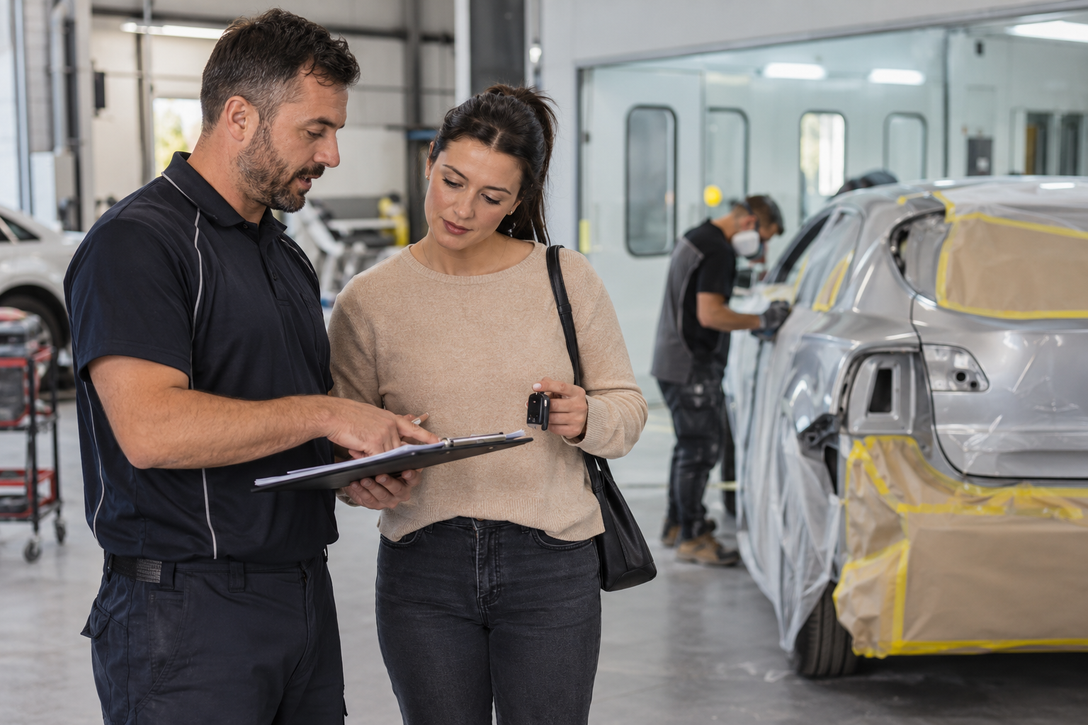 Repair adviser discusses a repair schedule with a customer beside a car.