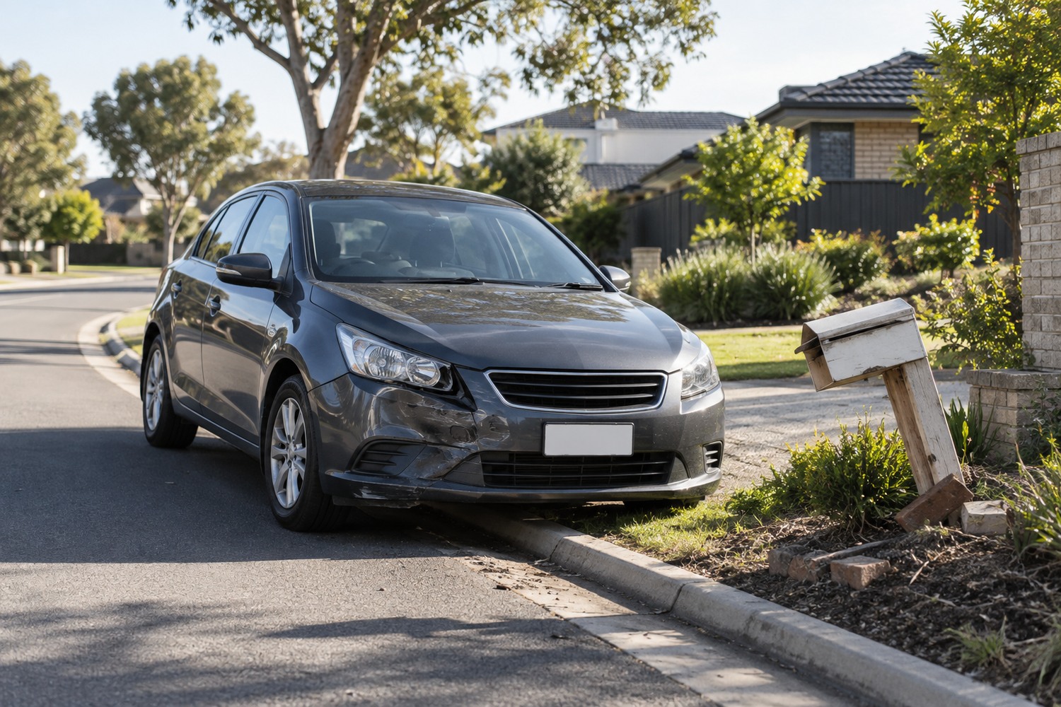 A damaged car stopped beside a broken letterbox on a suburban street