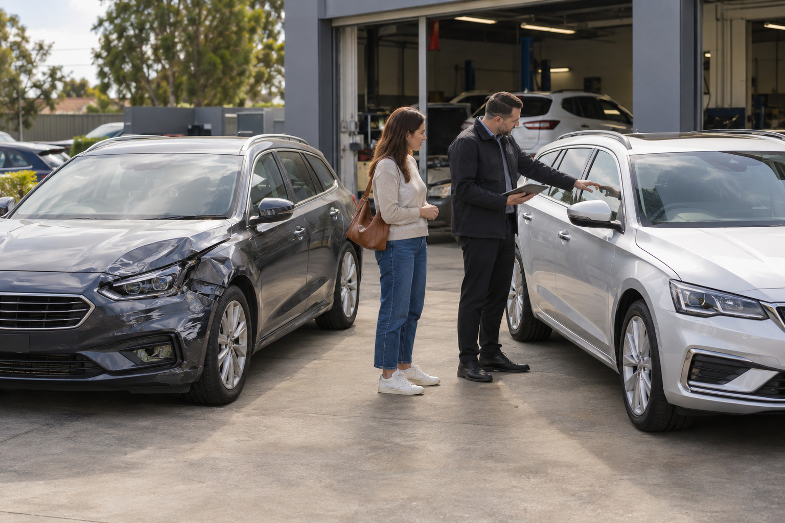 Driver considering a replacement wagon beside her similarly sized damaged wagon.