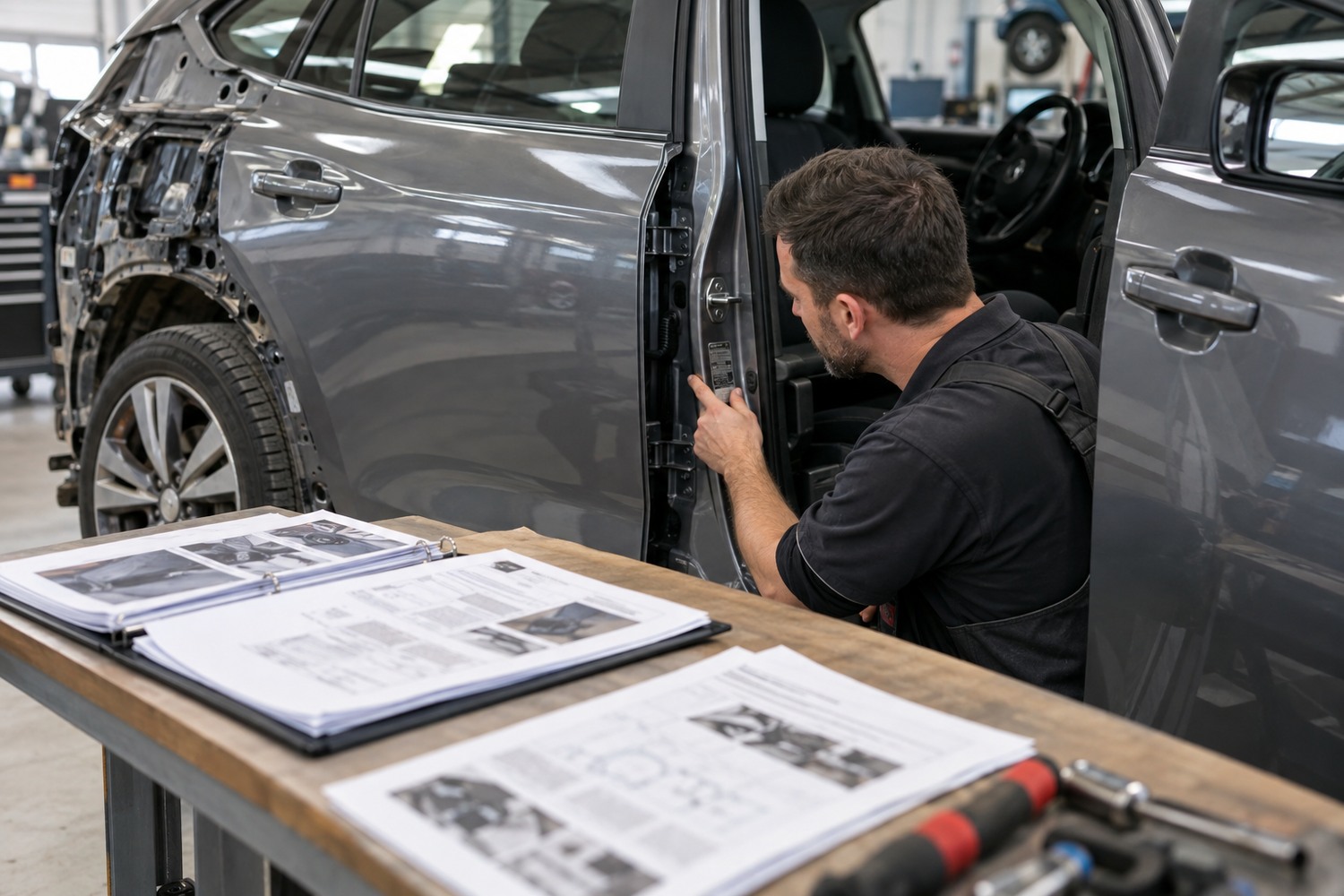 Technician checking a repaired car beside a diary of repair photos and receipts.