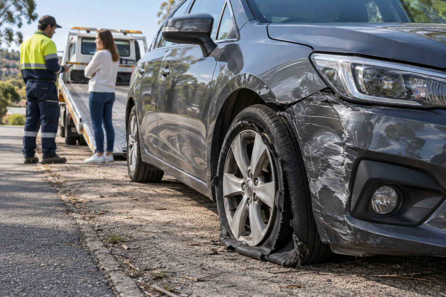 A car with a torn, deflated front tyre and scraped bodywork waits beside a flatbed tow truck.