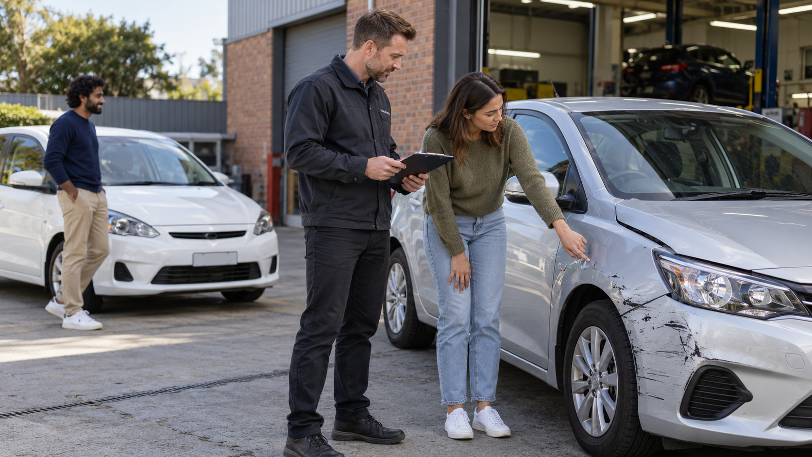 Customer and repair adviser discuss a damaged car outside a workshop.