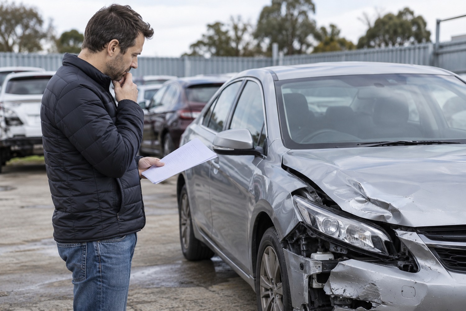 Owner considering a damaged car and settlement papers in a holding yard.