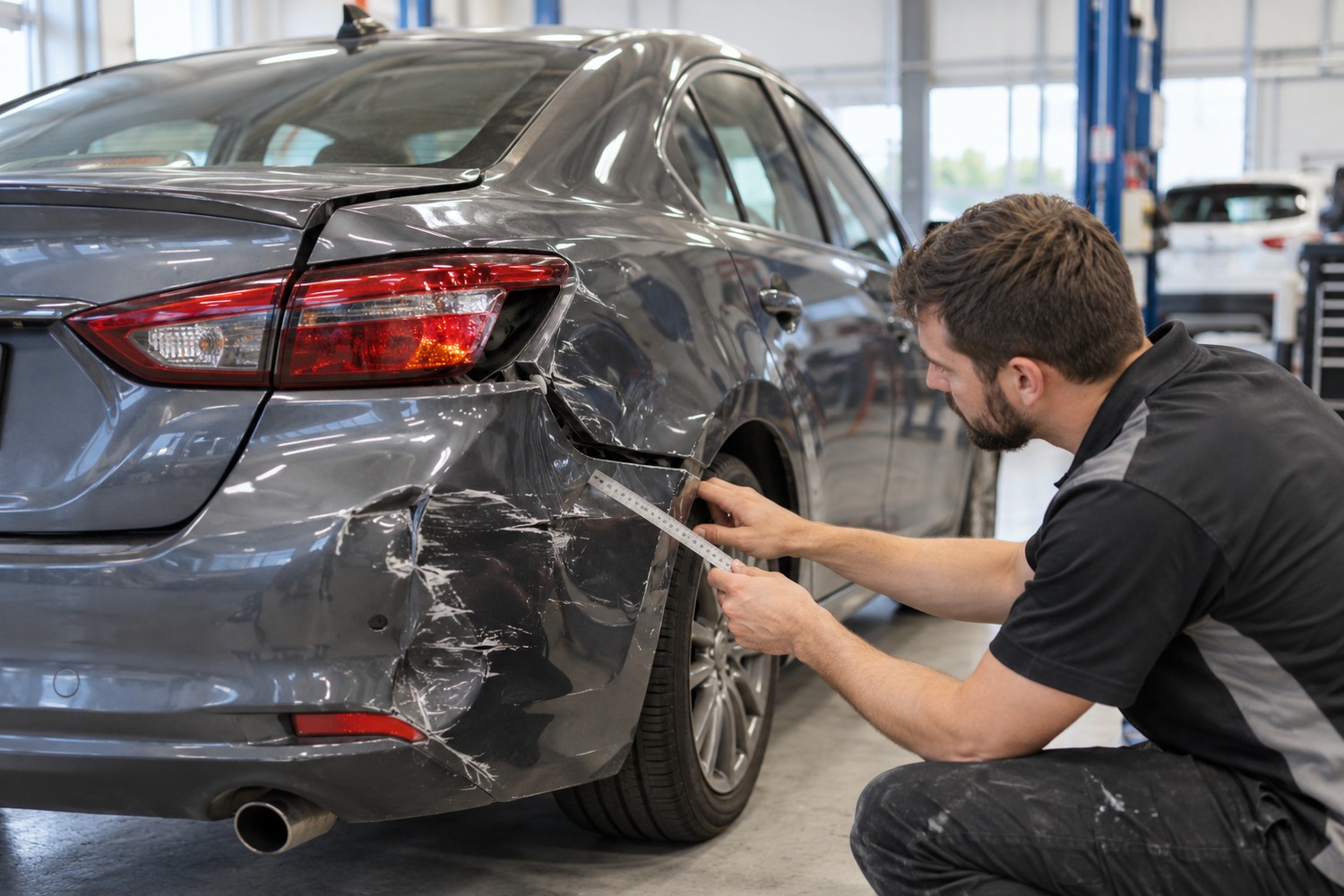 Panel beater examining localised damage on a potentially repairable car.