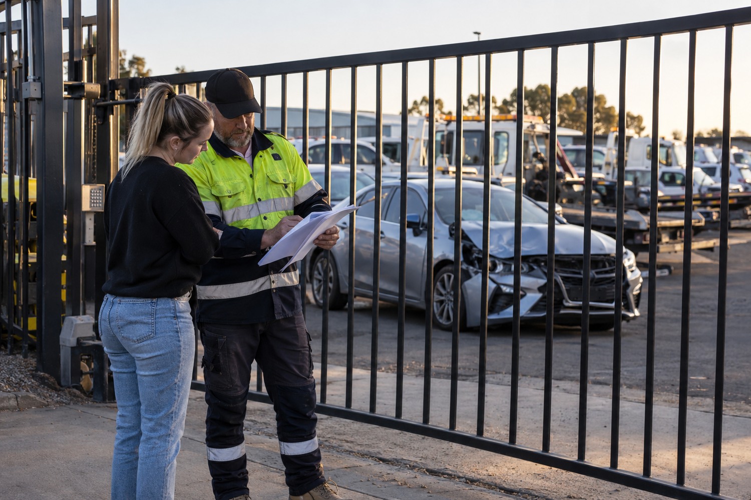 Damaged car in a secure tow yard while owner discusses storage with depot staff.