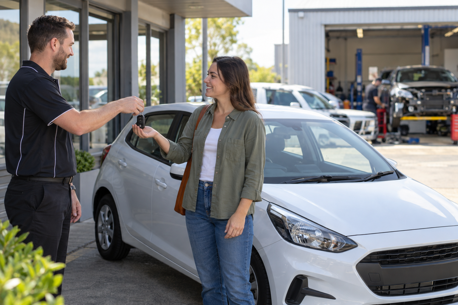 Hire agent handing car keys to a driver outside a repair workshop.