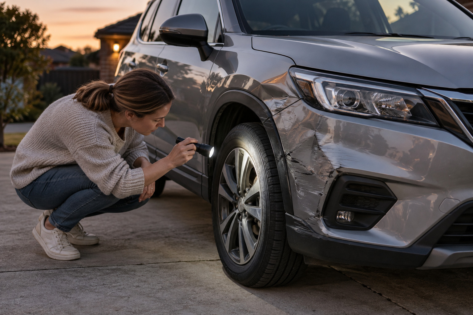 A driver checks the front tyre and damaged guard of an SUV with a torch in a driveway after a minor crash.