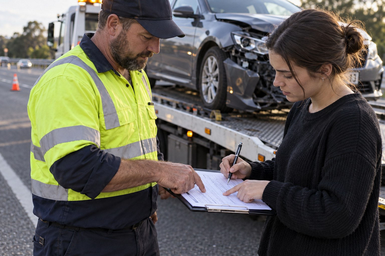 Car owner reviewing tow paperwork with an operator at the crash scene.