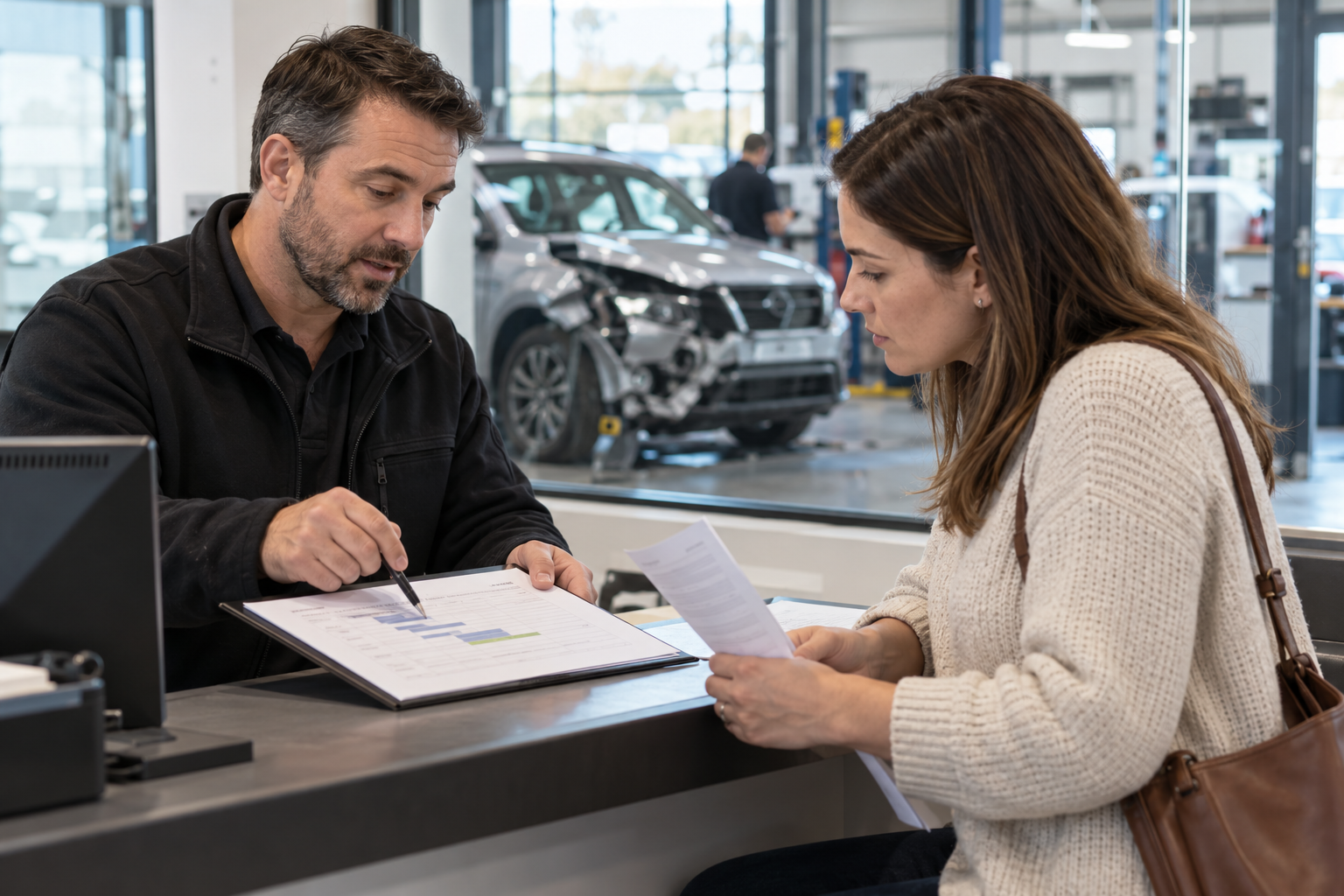 Customer and repair adviser review insurance and repair paperwork.