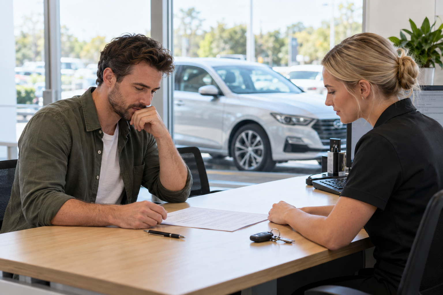 Driver reviewing a replacement vehicle agreement with a hire agent before taking the keys.