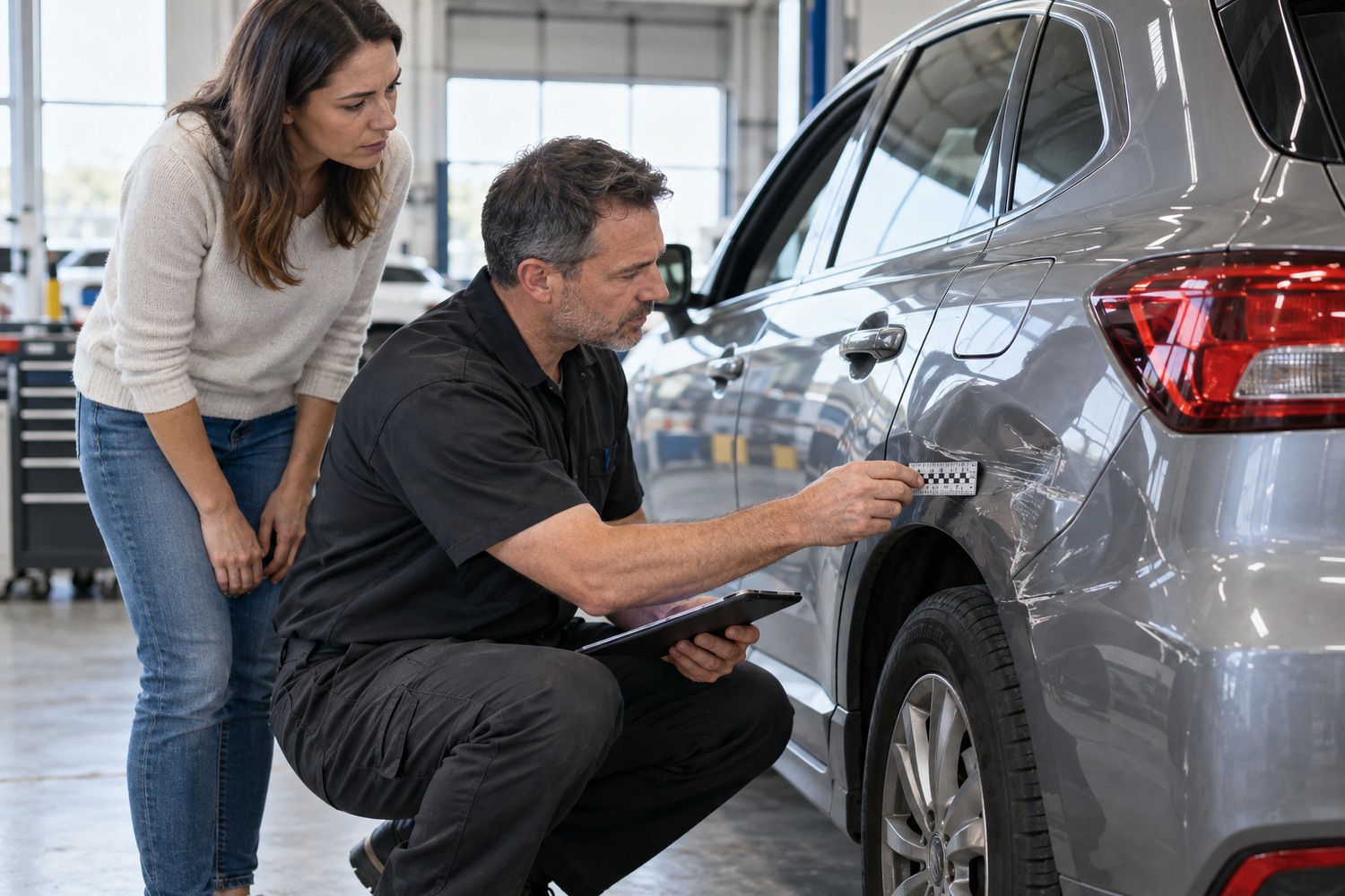 A smash repairer assesses damaged bodywork on a car in a workshop