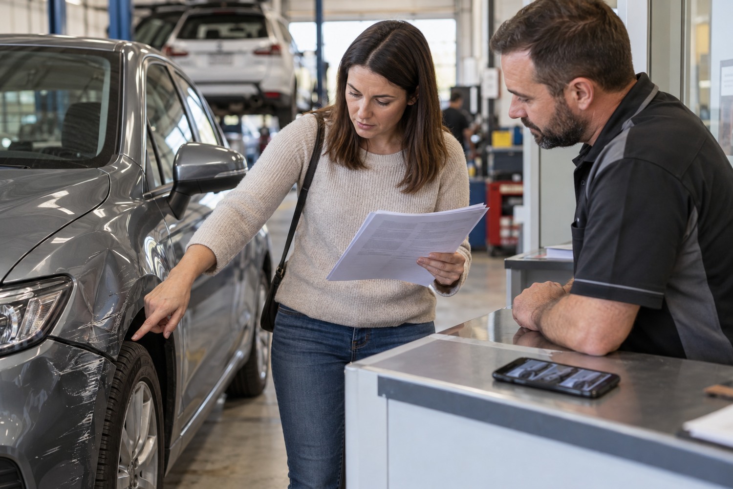 A driver reviews a car insurance policy beside photographs of minor crash damage