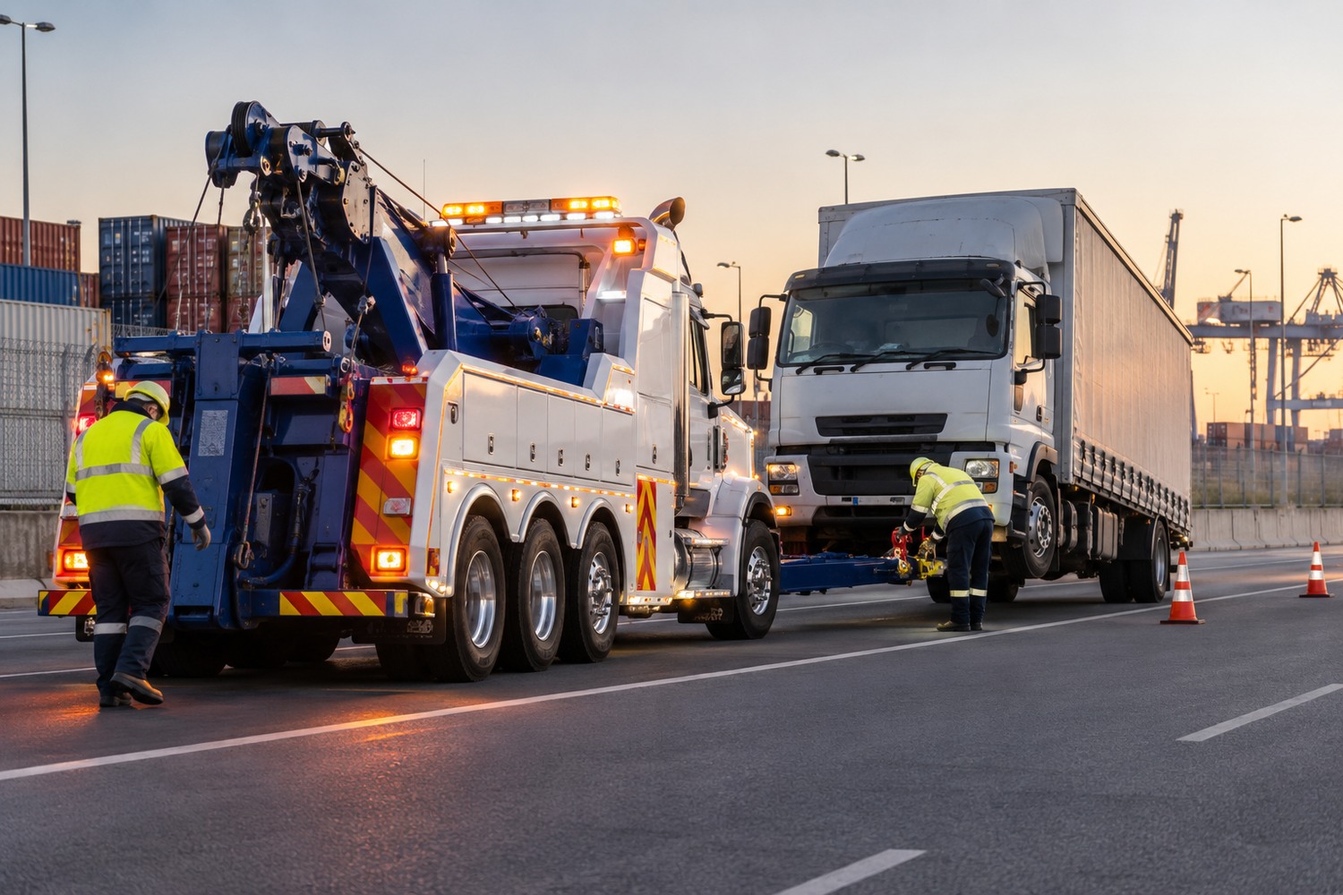 Specialist heavy recovery vehicle towing a disabled rigid delivery truck.