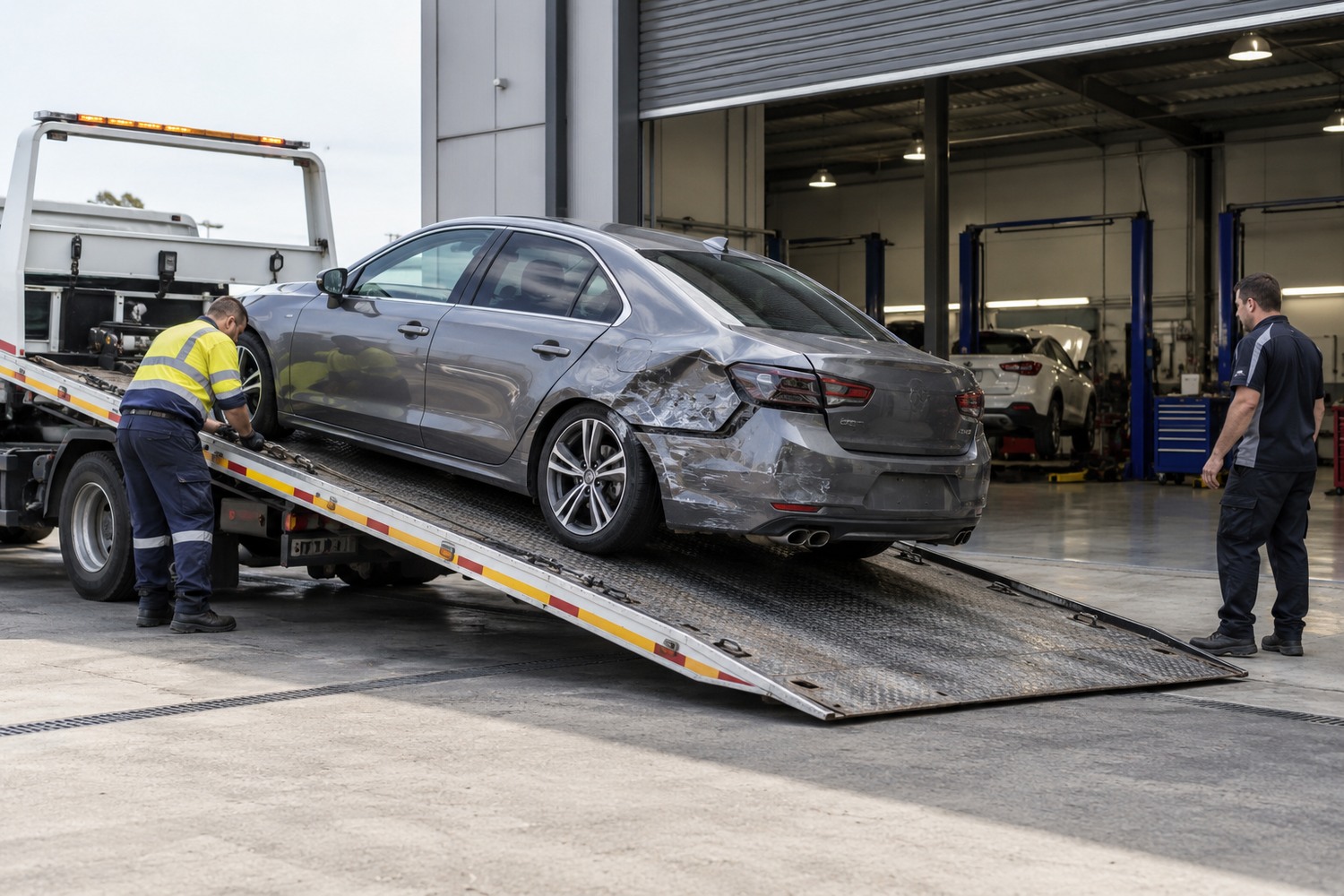 Tow truck delivering a damaged car directly to a repair workshop.
