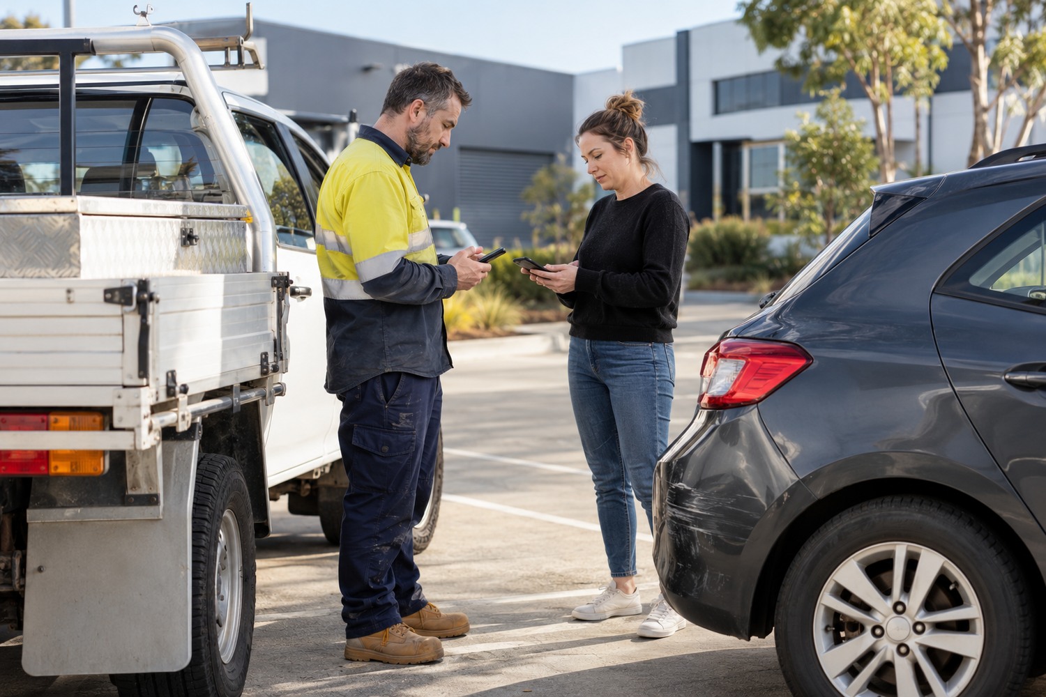 Drivers exchange details after a minor collision involving a work ute