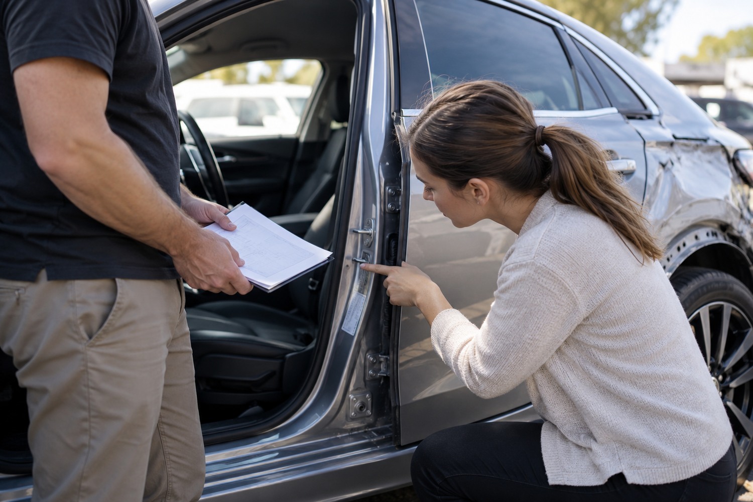 Buyer checking a repaired car's identification area and vehicle-history paperwork.