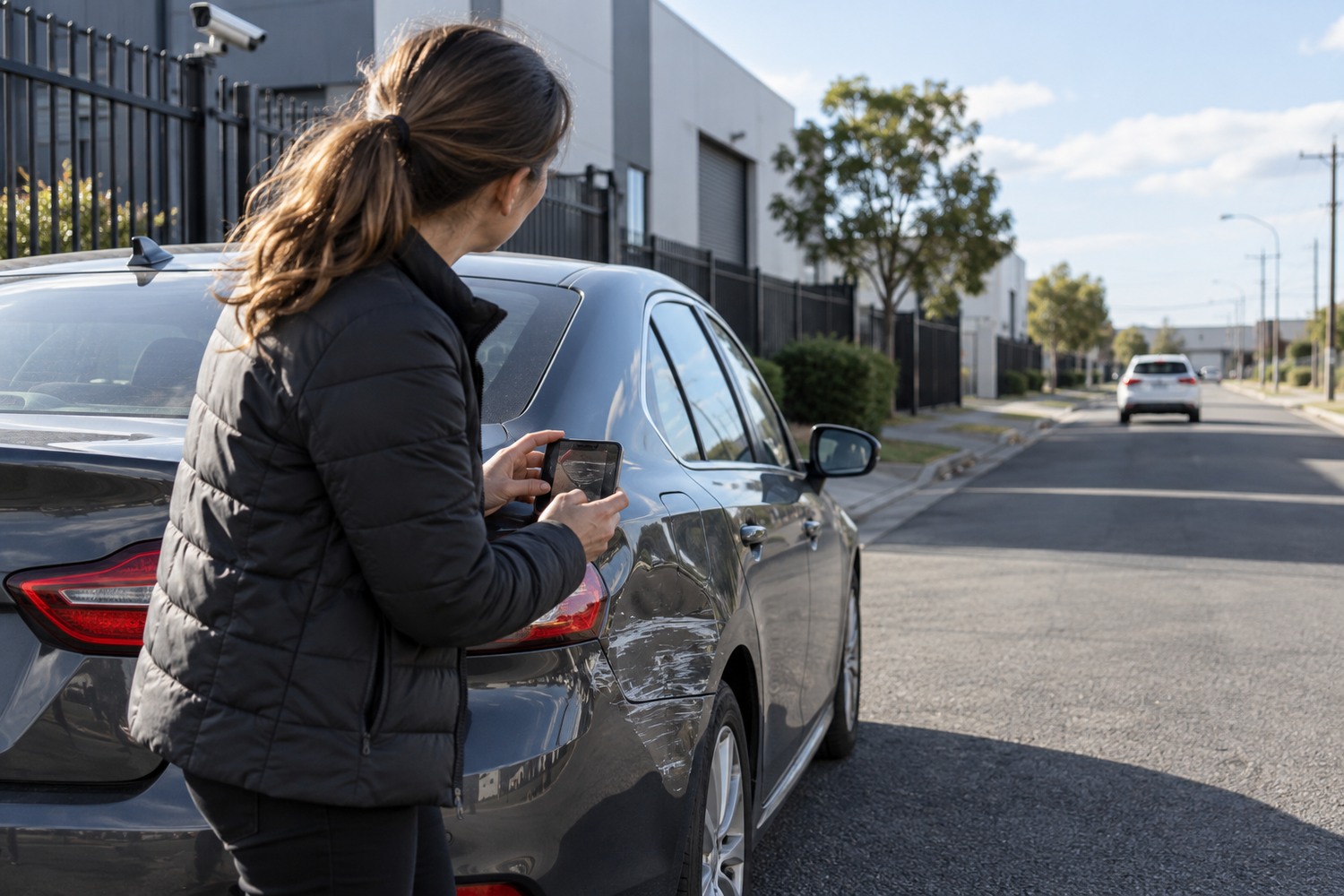 A driver photographs damage and notes details after another vehicle has left