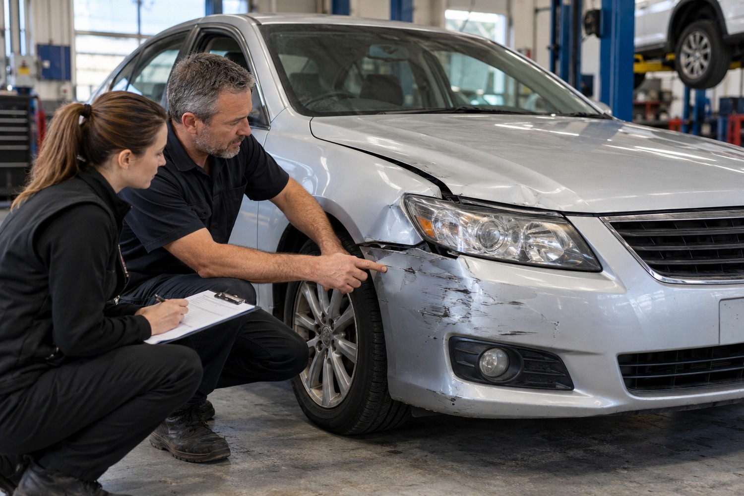 Assessor weighing repair costs for an older car with moderate corner damage.