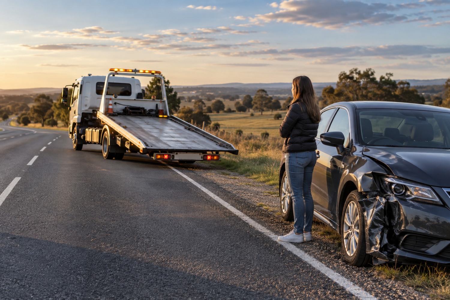 Tilt-tray arriving for a damaged car on a regional Victorian roadside.
