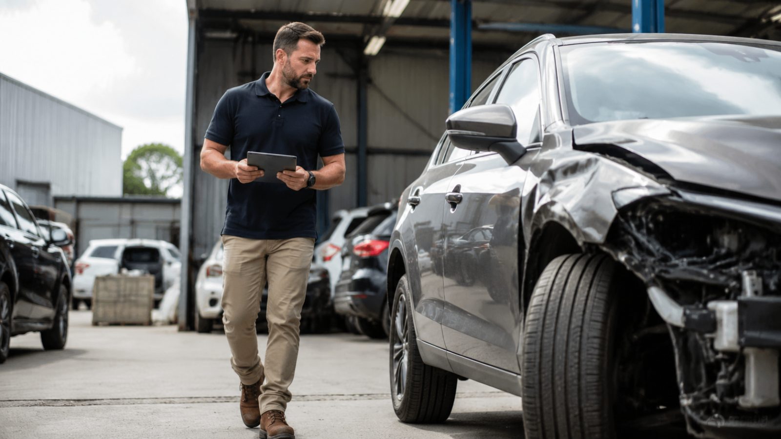 Workshop estimator with a tablet inspecting the side of a damaged car with the front wheel on full lock